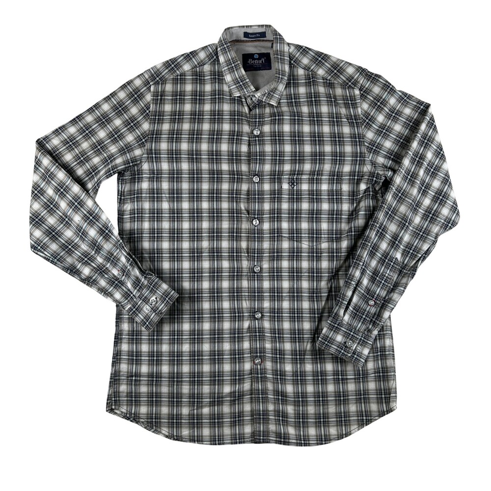 Benort Shirt Mens Medium Blue Plaid Long Sleeve Button Up Smart Fit Casual